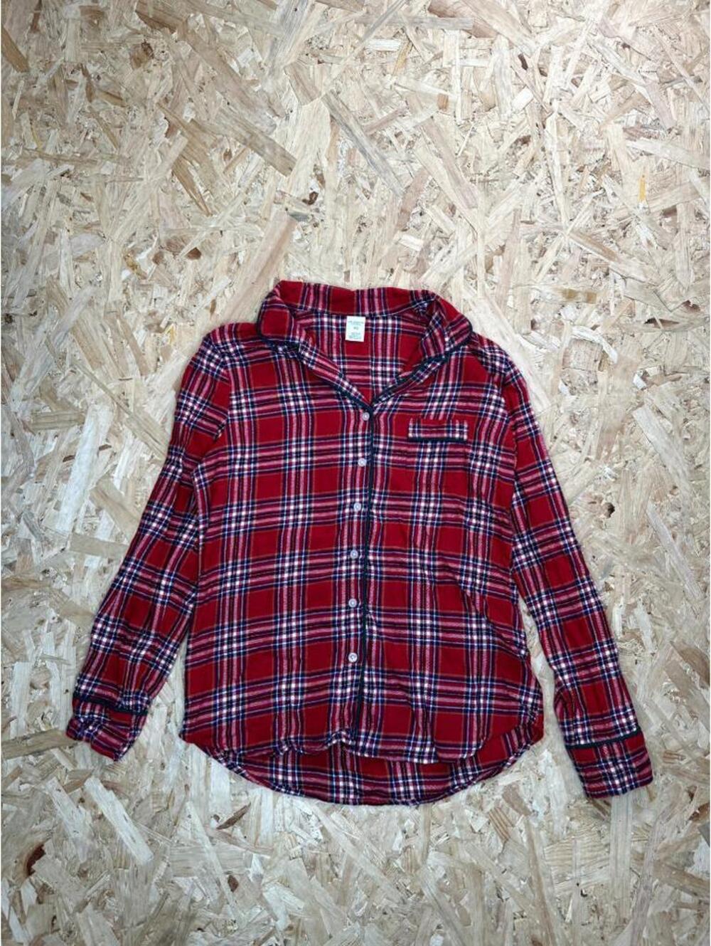 Liz Claiborne Flannel Pajama Top Womens XS Red Plaid Long Sleeve Button Up